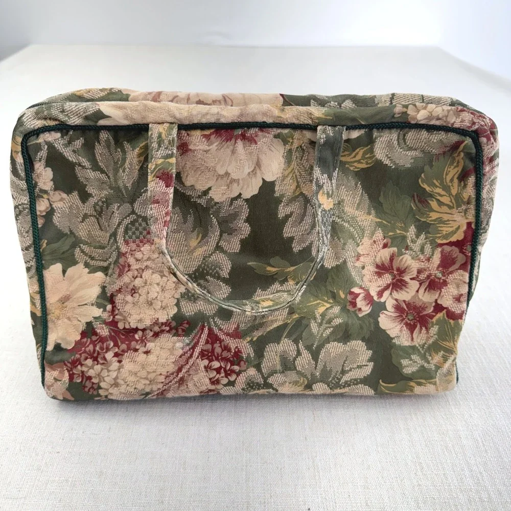 Vintage Floral Tapestry Toiletry Bag Travel Cosmetic Case Organizer Green Pink